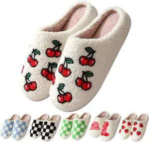 House Slippers for Women Men, Plush Warm Fuzzy Slippers, Cozy Memory Foam Checkered Slippers, Bedroom Indoor Outdoor Slip on Plaid Shoes with Fur