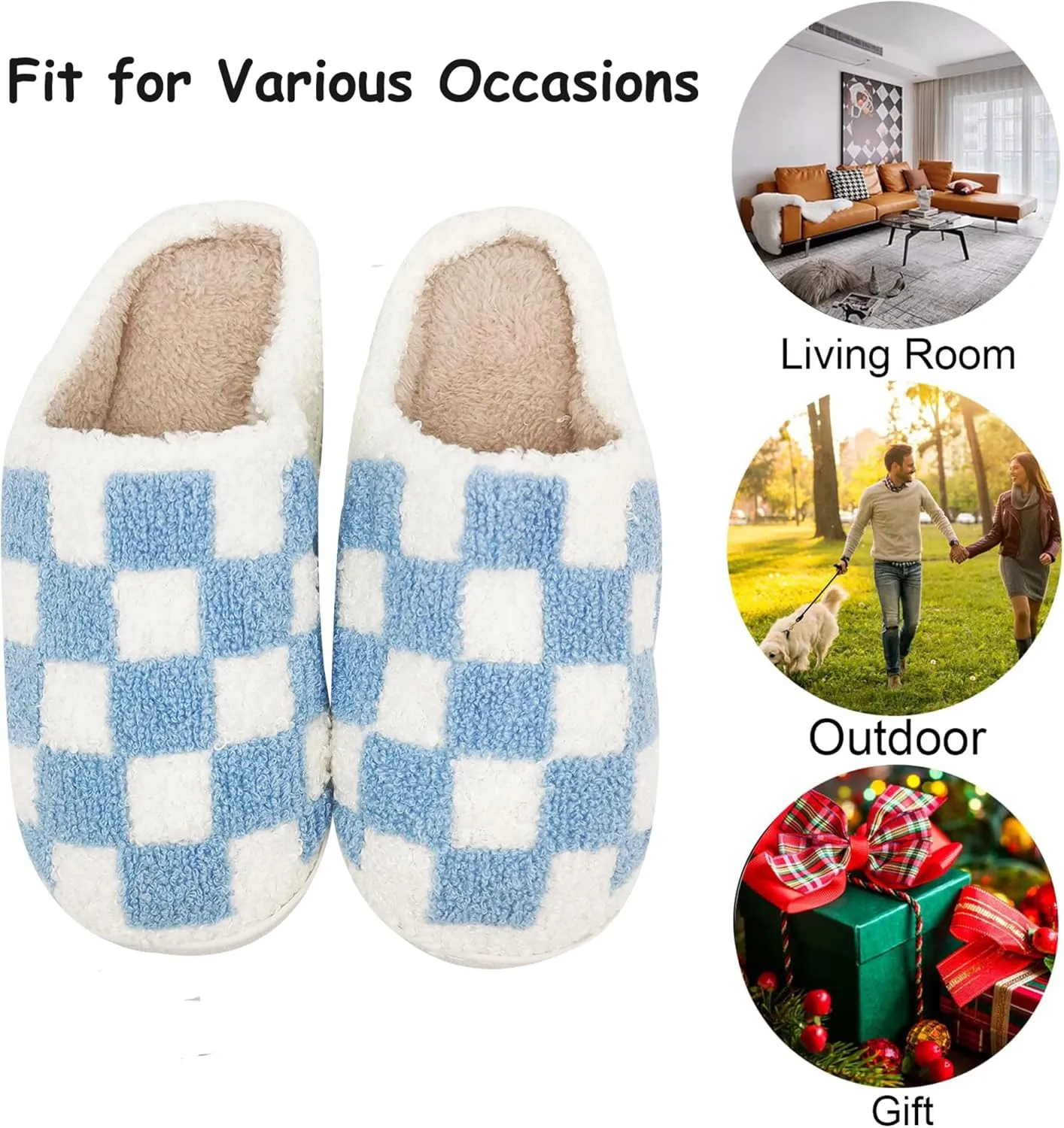 House Slippers for Women Men, Plush Warm Fuzzy Slippers, Cozy Memory Foam Checkered Slippers, Bedroom Indoor Outdoor Slip on Plaid Shoes with Fur