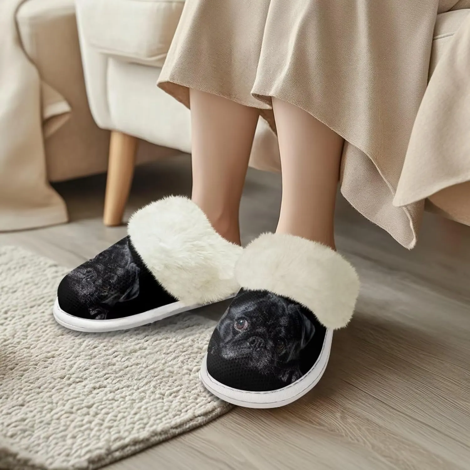 Howilath Dog Print Cotton Slippers with Fur Edges Warm House Shoes with Anti-Skid Sole Casual Novelty Fuzzy Slippers