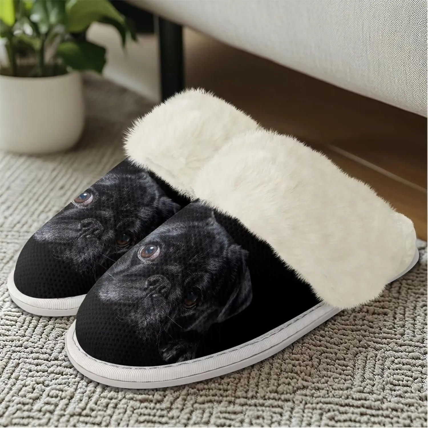 Howilath Dog Print Cotton Slippers with Fur Edges Warm House Shoes with Anti-Skid Sole Casual Novelty Fuzzy Slippers