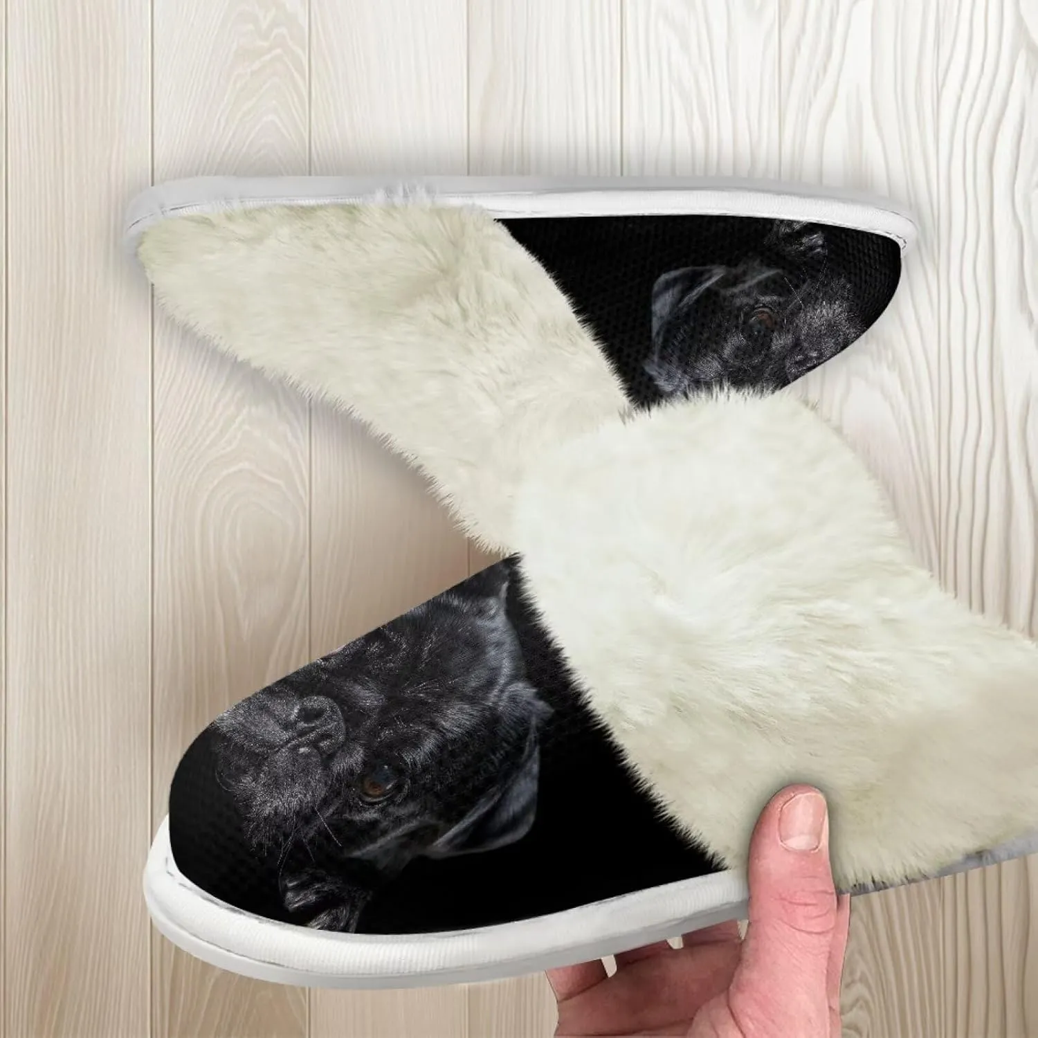 Howilath Dog Print Cotton Slippers with Fur Edges Warm House Shoes with Anti-Skid Sole Casual Novelty Fuzzy Slippers