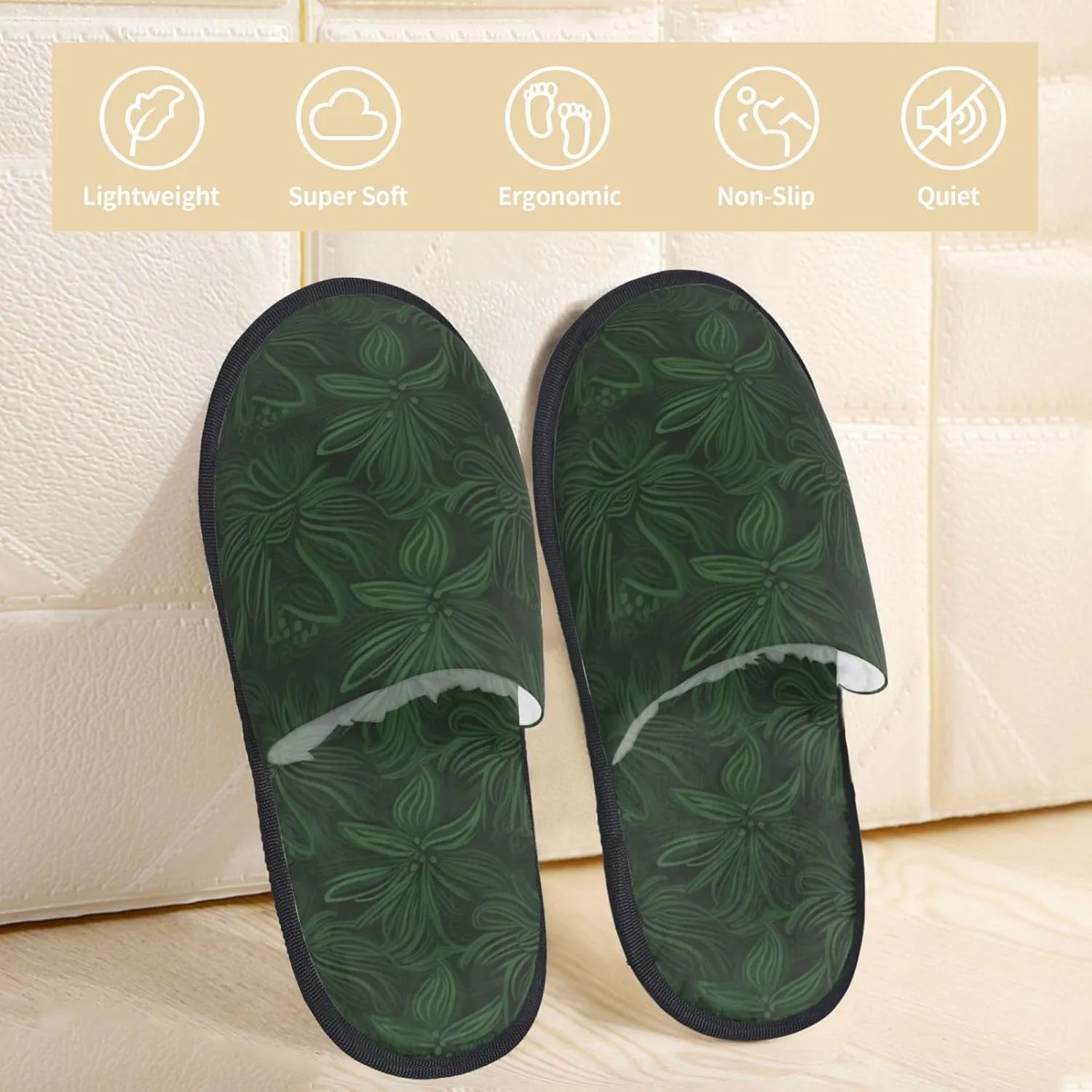 Hunter Green Floral Petals Pattern Furry House Slippers for Women Men Soft Fuzzy Slippers Indoor Casual Plush House Shoes