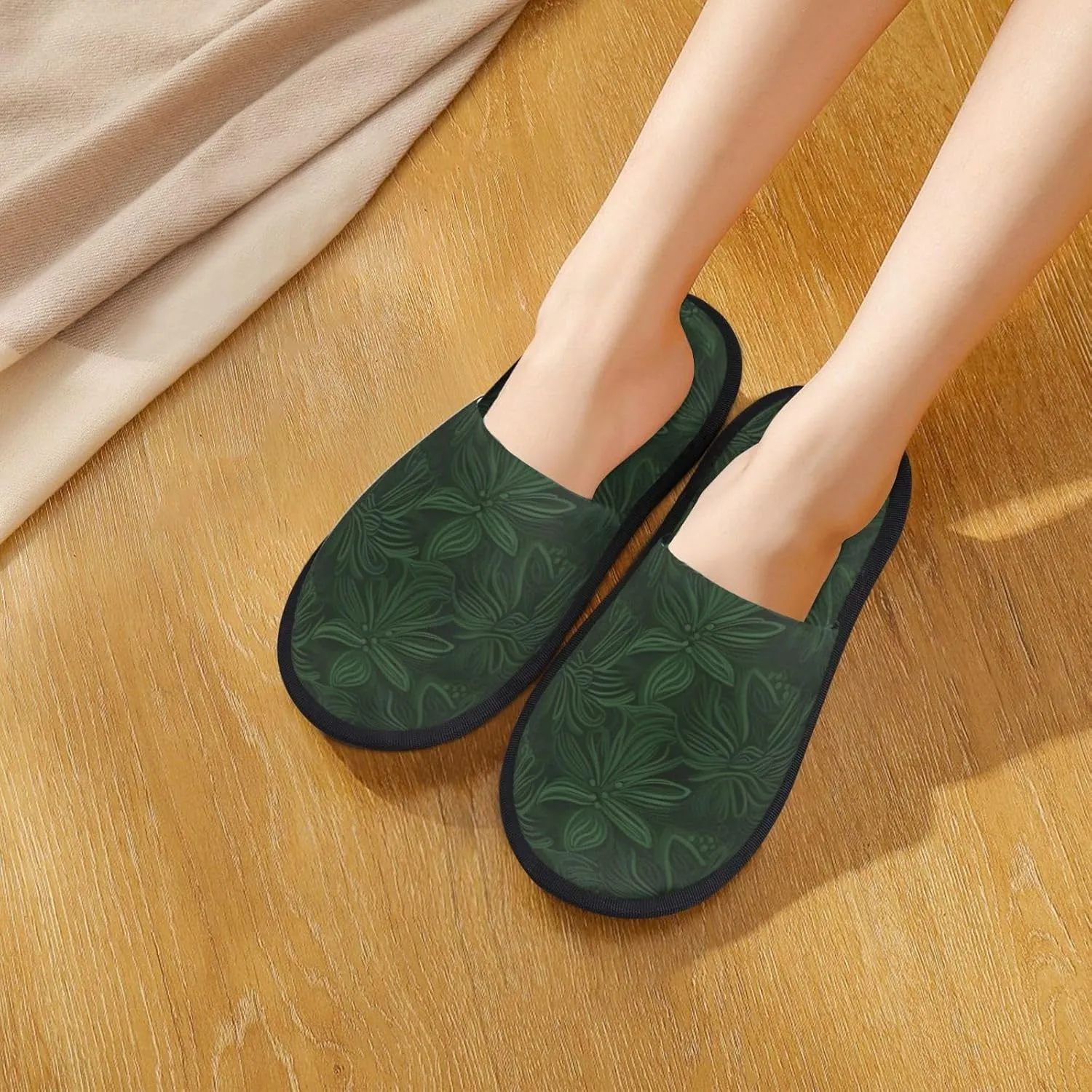 Hunter Green Floral Petals Pattern Furry House Slippers for Women Men Soft Fuzzy Slippers Indoor Casual Plush House Shoes