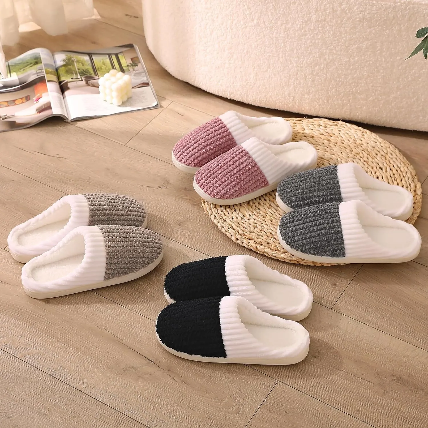 HUXMEYSON Slippers for Women, Memory Foam Womens Slippers, Cozy & Warm House Slippers for Woman Indoor Outdoor with Faux Fur Lining & Anti-Slip Sole