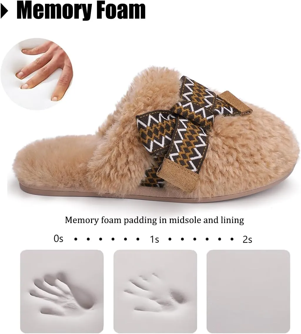 IPSAE Womens Maxi Curly Slide Slippers Winter Memory Foam Slippers Cozy Fuzzy Slippers Women Gifts House Cloud Bow Slippers for Women.