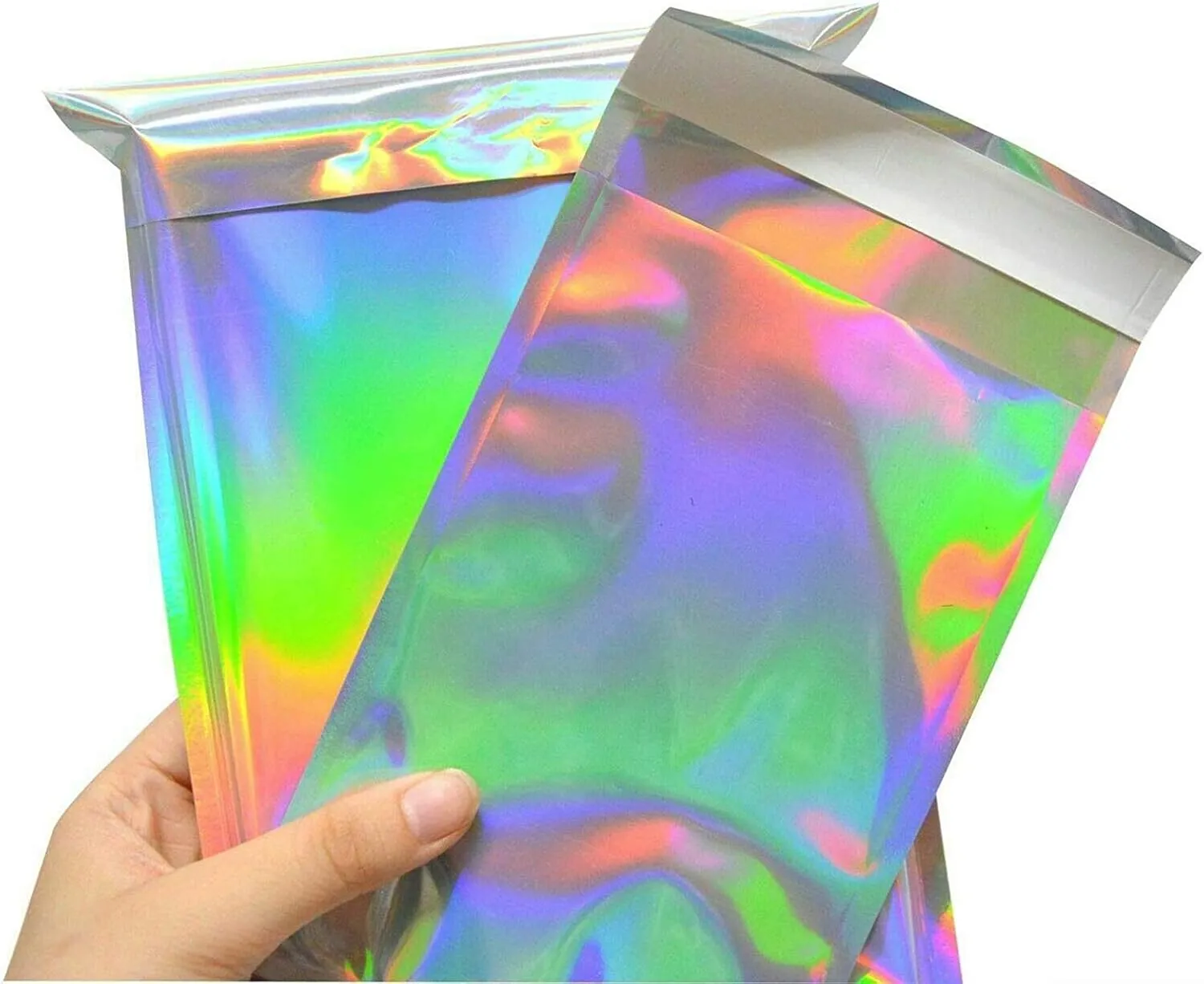 ISKYBOB 20 Pieces Holographic Poly Mailers Rainbow Flat Foil Mailing Envelopes Large Laser Self Adhesive Shipping Bags for Courier Storage, Gift Package, L