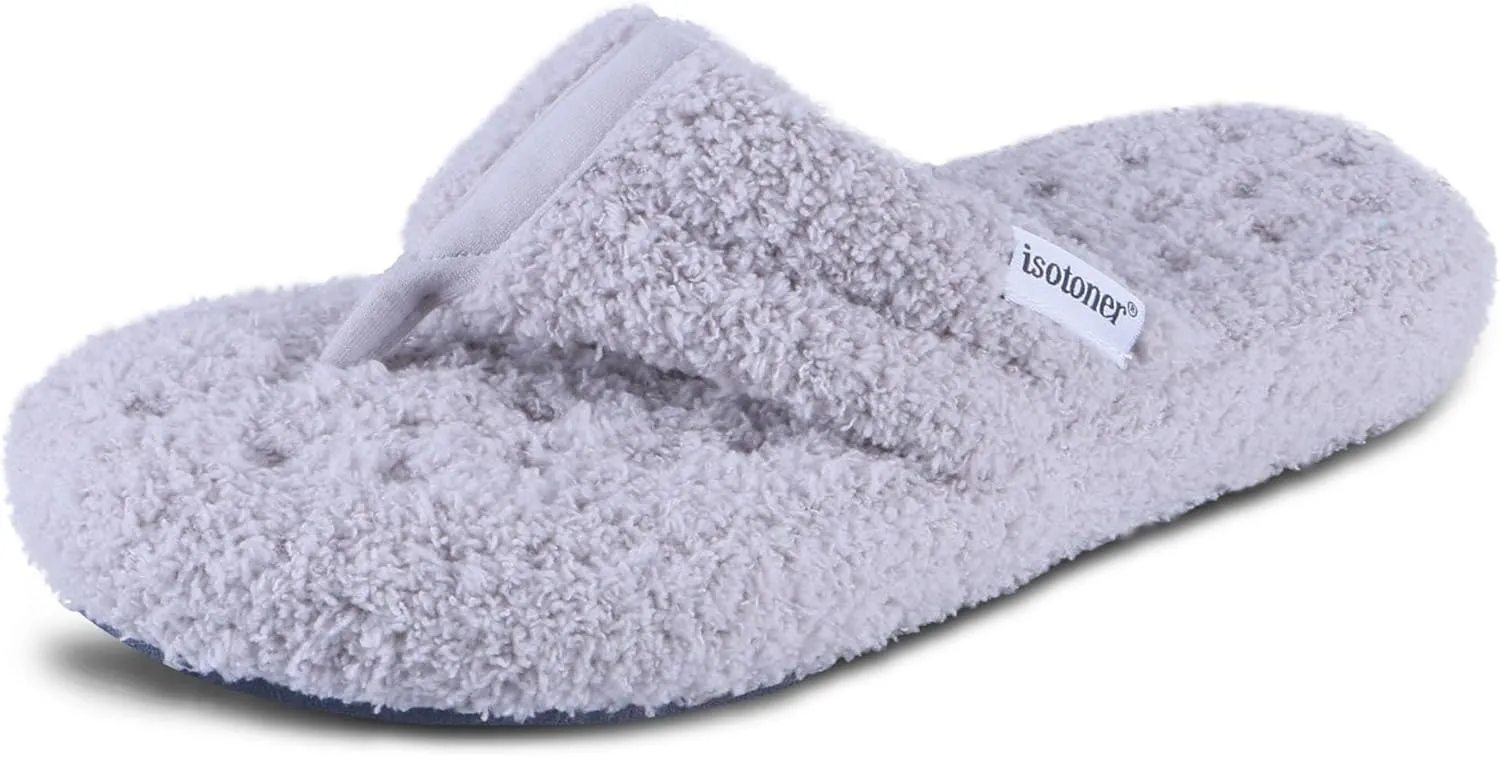 isotoner Women's Cozy Plush Terry Knit Joey Thong Slippers with Enhanced Heel Cushion