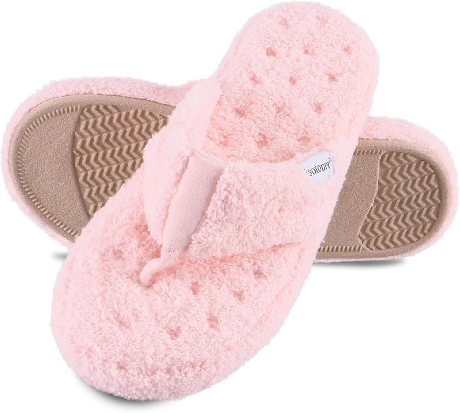 isotoner Women's Cozy Plush Terry Knit Joey Thong Slippers with Enhanced Heel Cushion