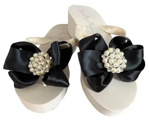 Ivory Black Satin and Pearl Rhinestone Bow Flip Flops on Wedge or Flat Heel Sandals, Fancy Formal or Bridal Shoes, Wedding, Quinceanera