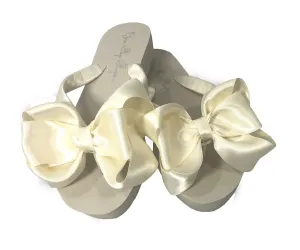 Ivory, White or Black Satin Bow Flip Flops, Wedge Heel or Flat