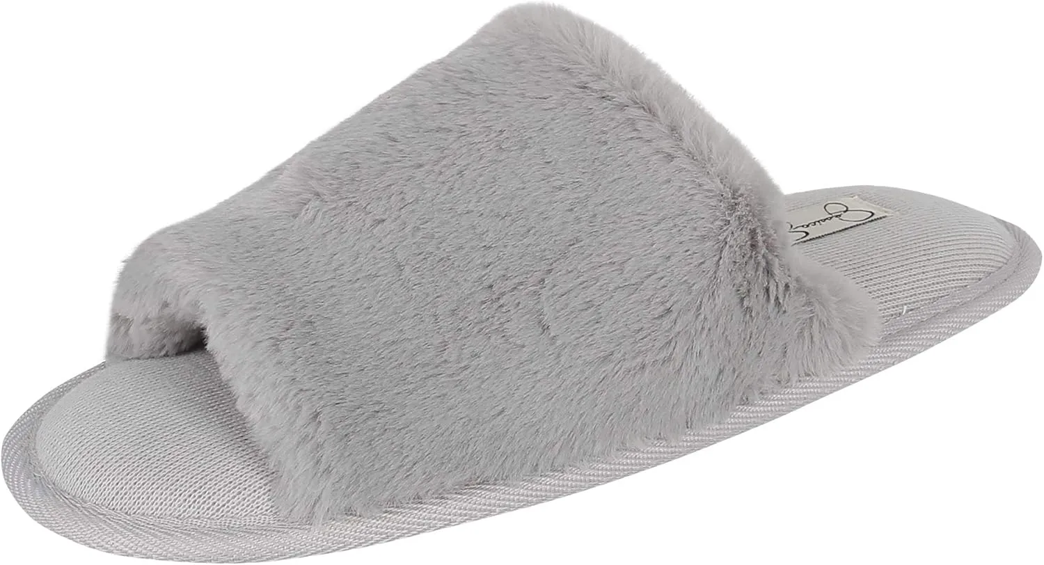 Jessica Simpson Women's Plush Faux Fur Fuzzy Slide on Open Toe Slipper with Memory Foam