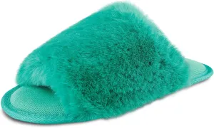 Jessica Simpson Women's Plush Faux Fur Fuzzy Slide on Open Toe Slipper with Memory Foam