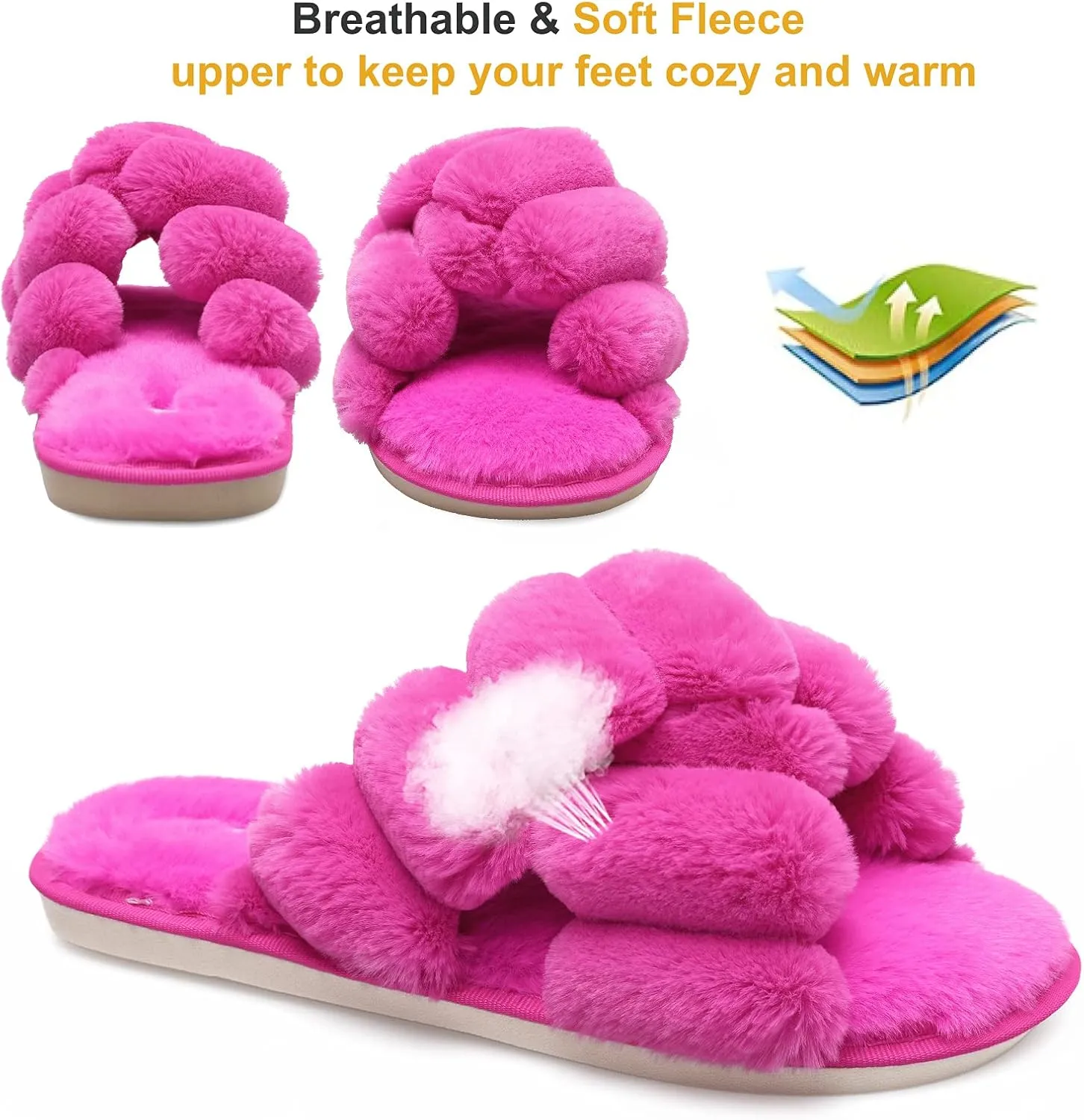 JIASUQI Women's Open Toe Slippers Fuzzy Fluffy House Slippers for Women Cozy Criss Cross Furry Slides Slippers