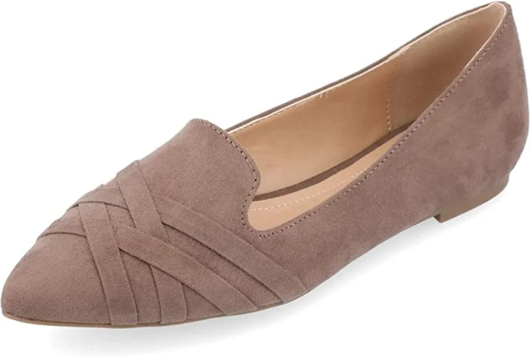 Journee Collection Womens Mindee Loafer with Vegan Suede Criss Cross Detail and Pointed Toe, Taupe, 8.5