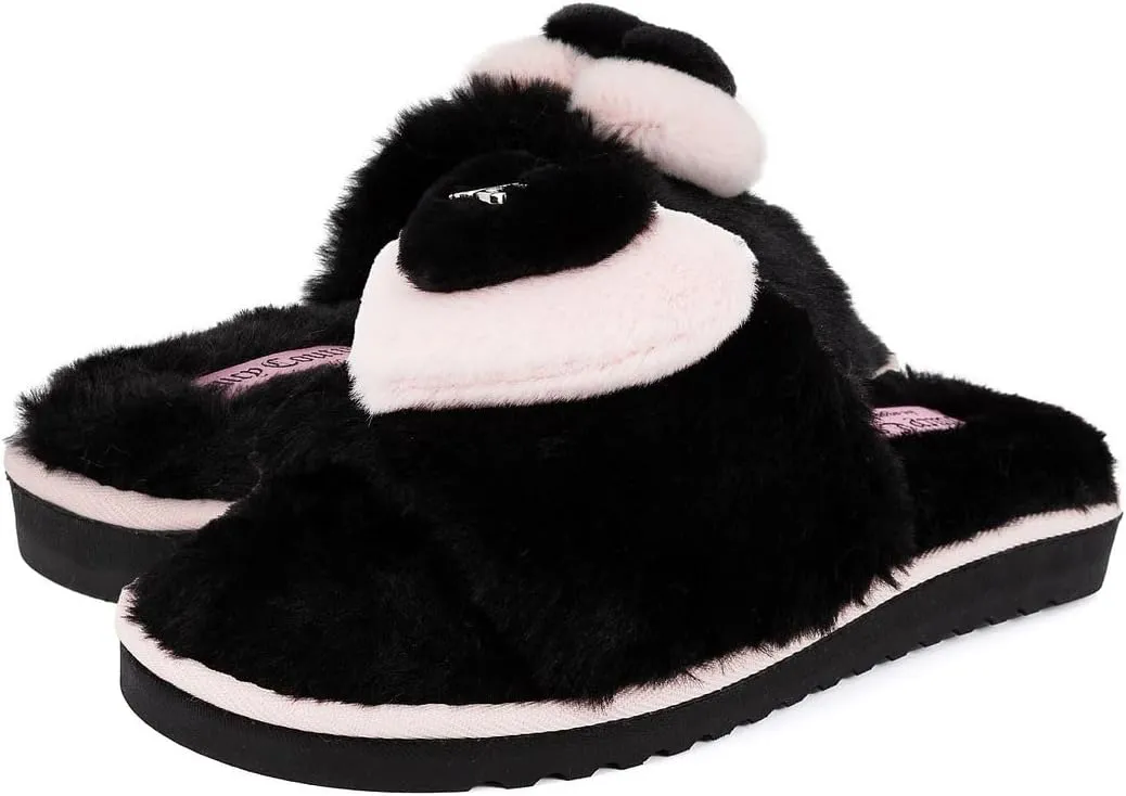 Juicy Couture Women's Faux Fur Slide Sandal Slippers, Open Toe, Comfortable Indoor Outdoor House Shoes