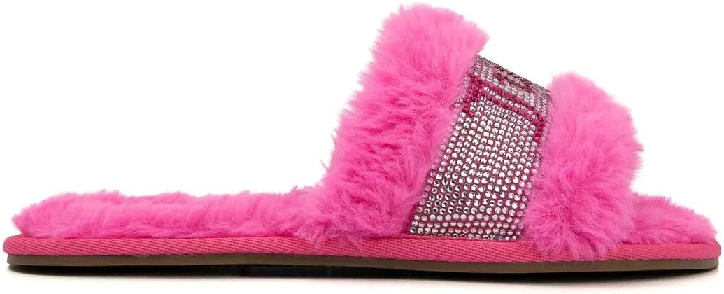 Juicy Couture Women's Plush Faux Fur Slippers – Cozy Open-Toe Slides, Soft Indoor/Outdoor House Shoes