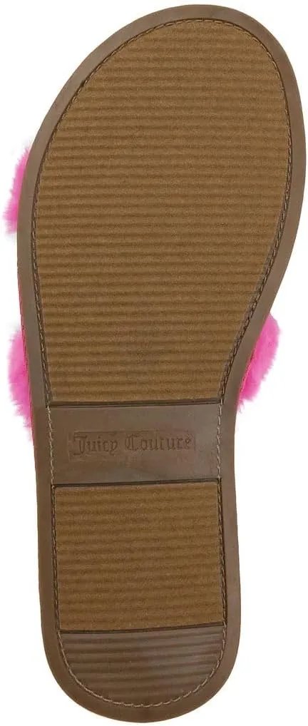 Juicy Couture Women's Plush Faux Fur Slippers – Cozy Open-Toe Slides, Soft Indoor/Outdoor House Shoes
