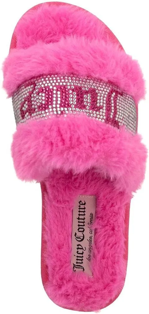 Juicy Couture Women's Plush Faux Fur Slippers – Cozy Open-Toe Slides, Soft Indoor/Outdoor House Shoes