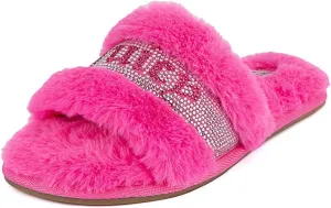 Juicy Couture Women's Plush Faux Fur Slippers – Cozy Open-Toe Slides, Soft Indoor/Outdoor House Shoes