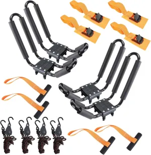 Kayak Roof Rack 2 Pairs Heavy Duty J-Bar Carrier Holder for Canoe, SUV, Cars, Truck, Surf Ski, Tie-Mount on Car Roof Top Crossbar for Trip - Includes 8 Pcs Ratchet, Set of 4