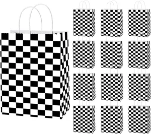 Keioy 16 Pack Checkered Racing Treat Bags, Black & White Race Car Favor Goodie Bags with Handle for Monster Truck Cars Decorations