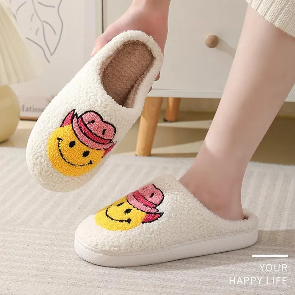 KEYUSHOP Happy Face Slippers for Kids Smile Face House Slippers Soft Plush Warm Preppy Slipper Anti-Slip Winter Fuzzy House Shoes for Toddler Girls