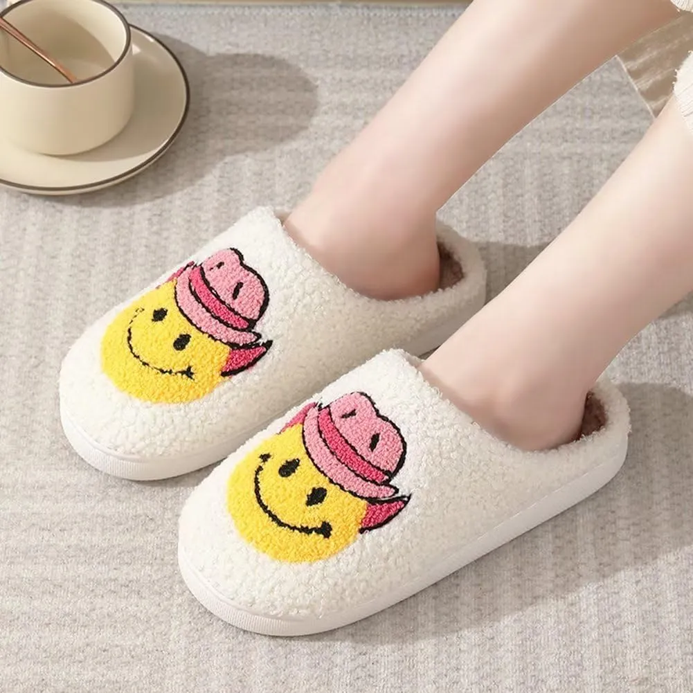 KEYUSHOP Happy Face Slippers for Kids Smile Face House Slippers Soft Plush Warm Preppy Slipper Anti-Slip Winter Fuzzy House Shoes for Toddler Girls