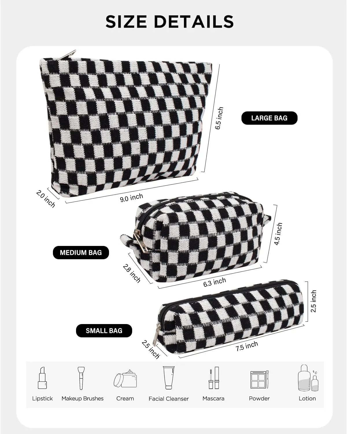 KOTORA 3 Pieces Makeup Bag Large Small Checkered Cosmetic Bag Capacity Canvas Travel Toiletry Bag Organizer Cute Makeup Brushes Aesthetic Accessories Storage Bag for Women (Black)