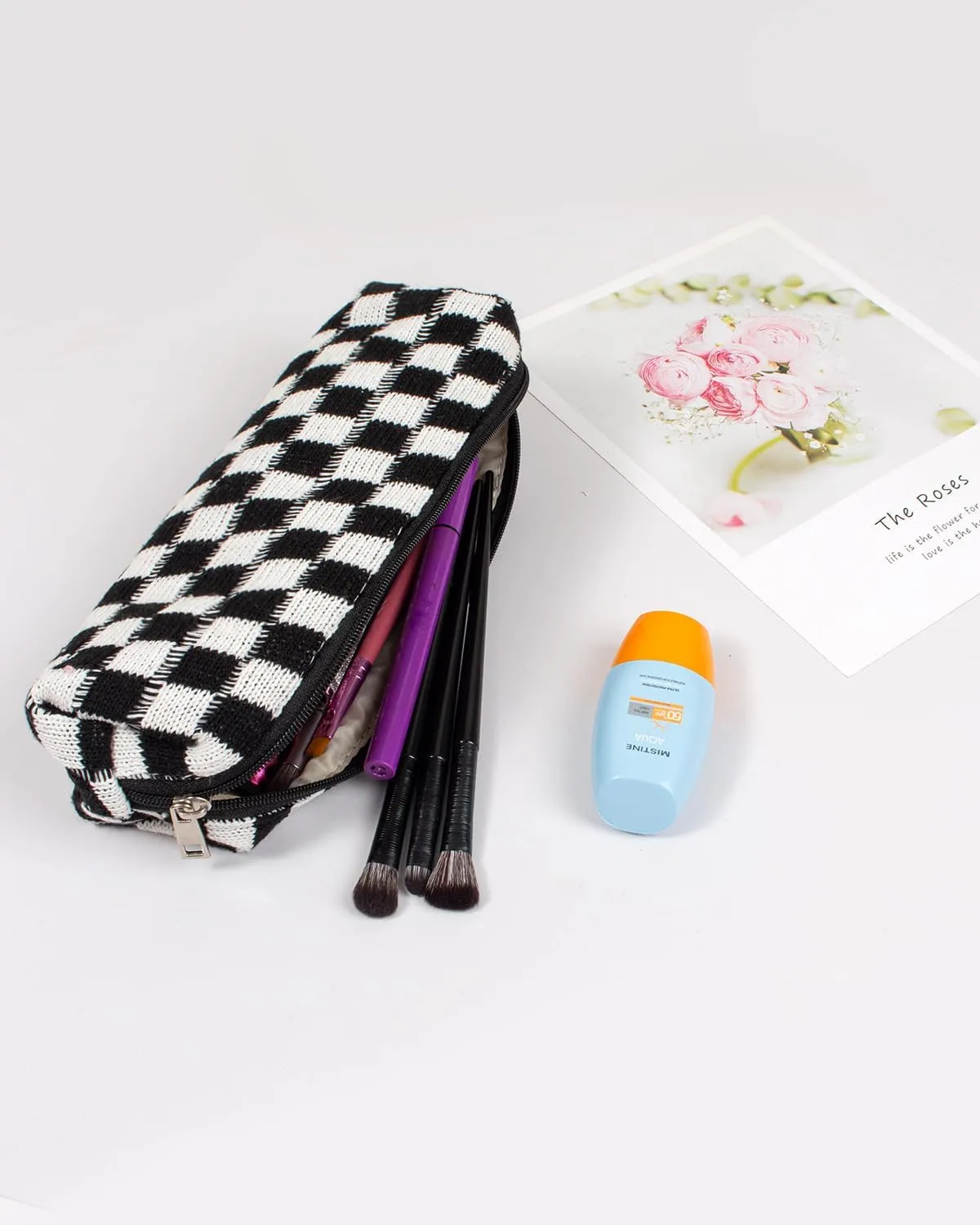 KOTORA 3 Pieces Makeup Bag Large Small Checkered Cosmetic Bag Capacity Canvas Travel Toiletry Bag Organizer Cute Makeup Brushes Aesthetic Accessories Storage Bag for Women (Black)