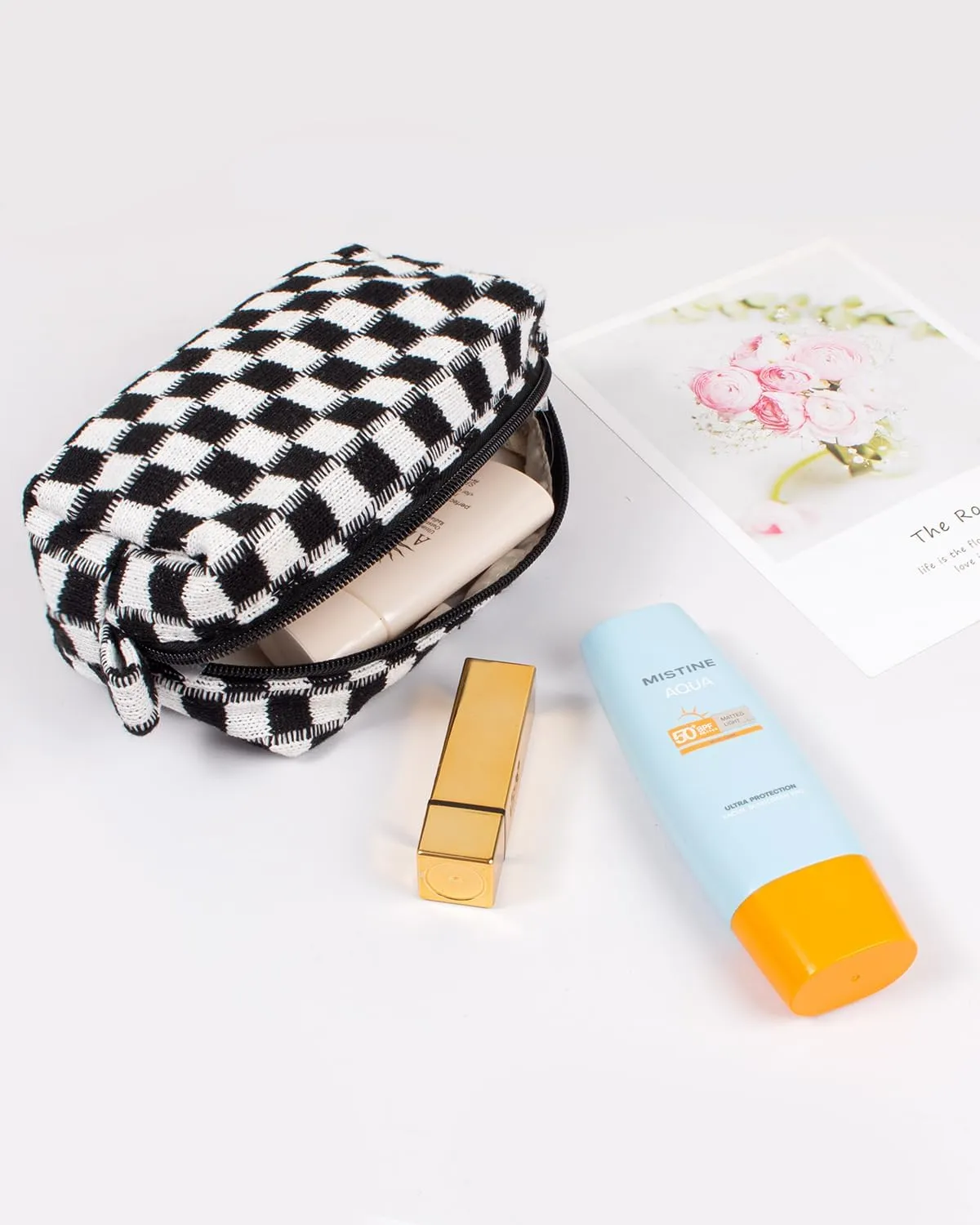 KOTORA 3 Pieces Makeup Bag Large Small Checkered Cosmetic Bag Capacity Canvas Travel Toiletry Bag Organizer Cute Makeup Brushes Aesthetic Accessories Storage Bag for Women (Black)