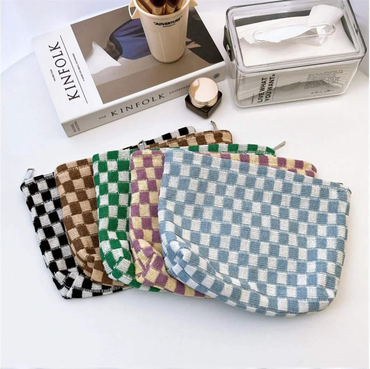 KOTORA 3 Pieces Makeup Bag Large Small Checkered Cosmetic Bag Capacity Canvas Travel Toiletry Bag Organizer Cute Makeup Brushes Aesthetic Accessories Storage Bag for Women (Brown)