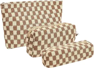 KOTORA 3 Pieces Makeup Bag Large Small Checkered Cosmetic Bag Capacity Canvas Travel Toiletry Bag Organizer Cute Makeup Brushes Aesthetic Accessories Storage Bag for Women (Brown)