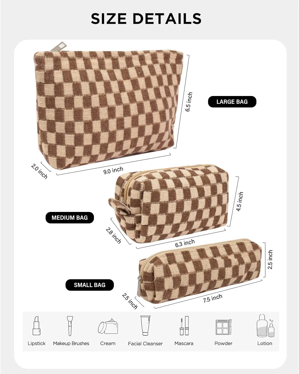 KOTORA 3 Pieces Makeup Bag Large Small Checkered Cosmetic Bag Capacity Canvas Travel Toiletry Bag Organizer Cute Makeup Brushes Aesthetic Accessories Storage Bag for Women (Brown)
