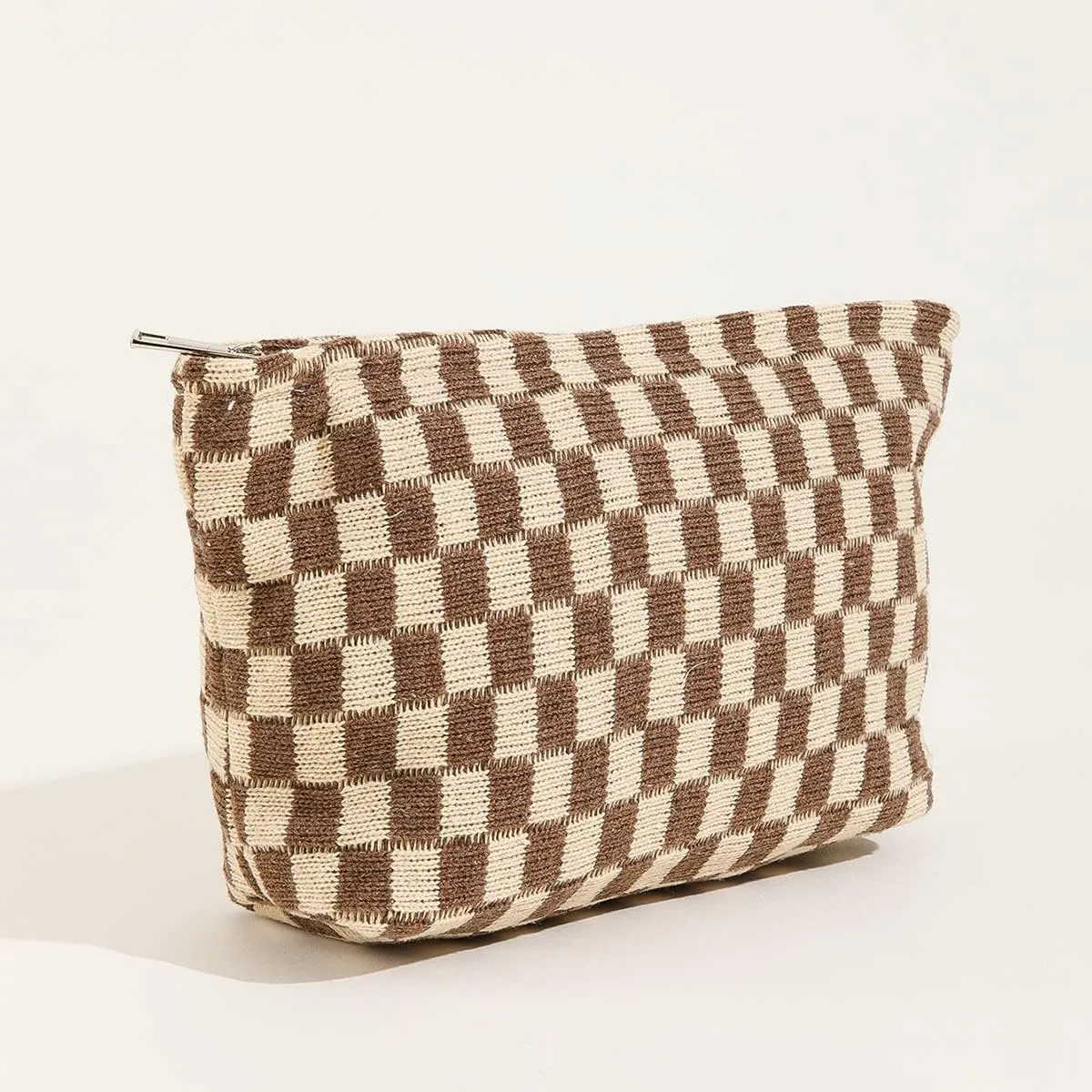 KOTORA 3 Pieces Makeup Bag Large Small Checkered Cosmetic Bag Capacity Canvas Travel Toiletry Bag Organizer Cute Makeup Brushes Aesthetic Accessories Storage Bag for Women (Brown)