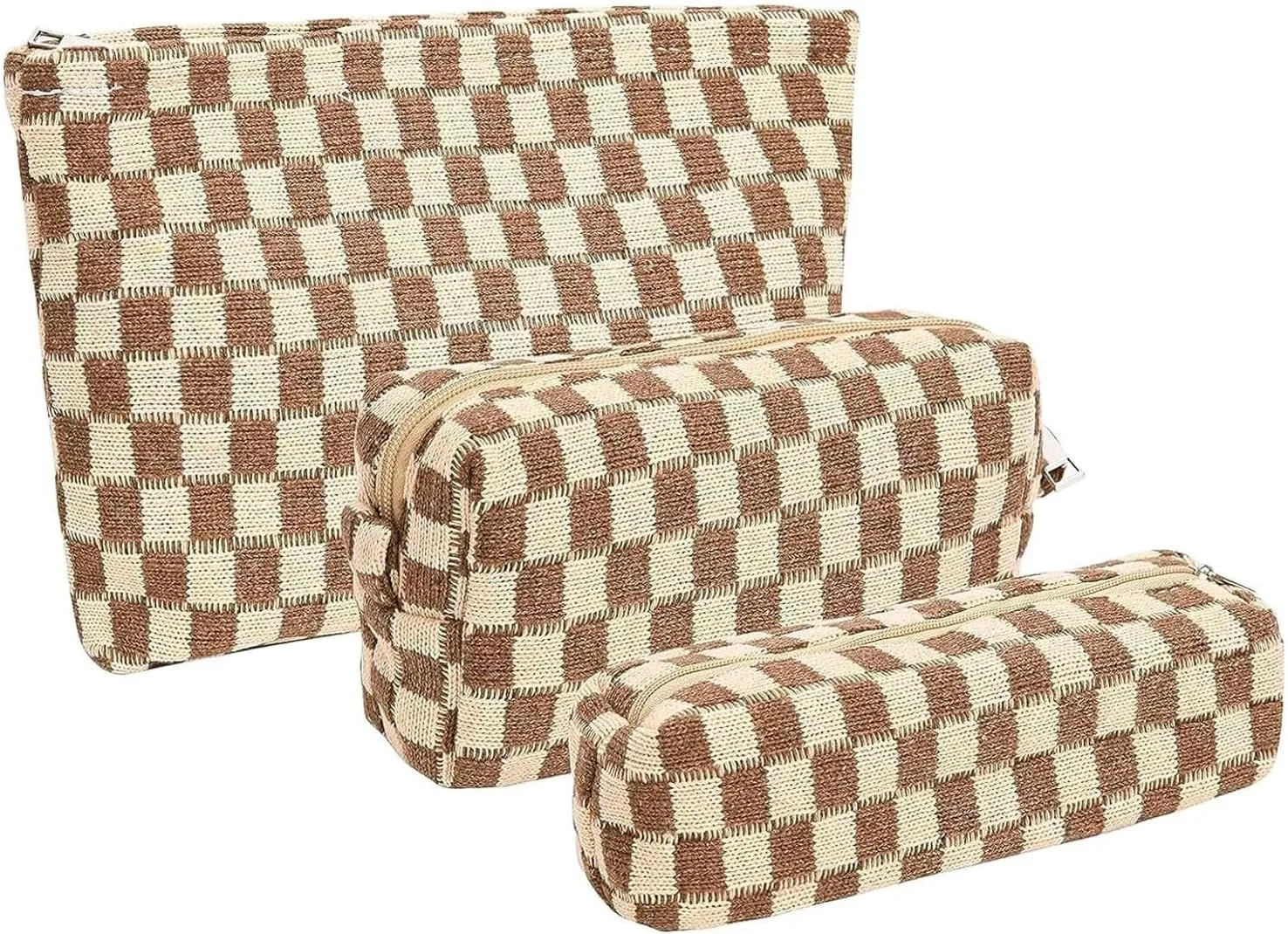 KOTORA 3 Pieces Makeup Bag Large Small Checkered Cosmetic Bag Capacity Canvas Travel Toiletry Bag Organizer Cute Makeup Brushes Aesthetic Accessories Storage Bag for Women (Brown)