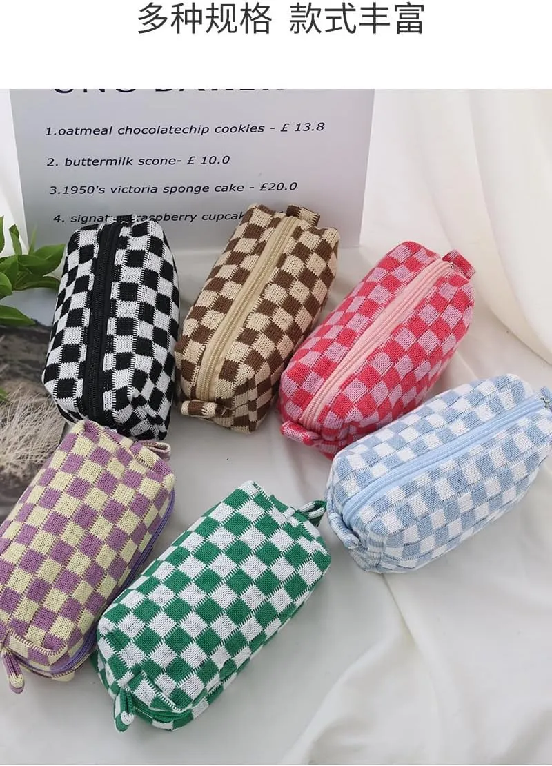 KOTORA 3 Pieces Makeup Bag Large Small Checkered Cosmetic Bag Capacity Canvas Travel Toiletry Bag Organizer Cute Makeup Brushes Aesthetic Accessories Storage Bag for Women (Purple)