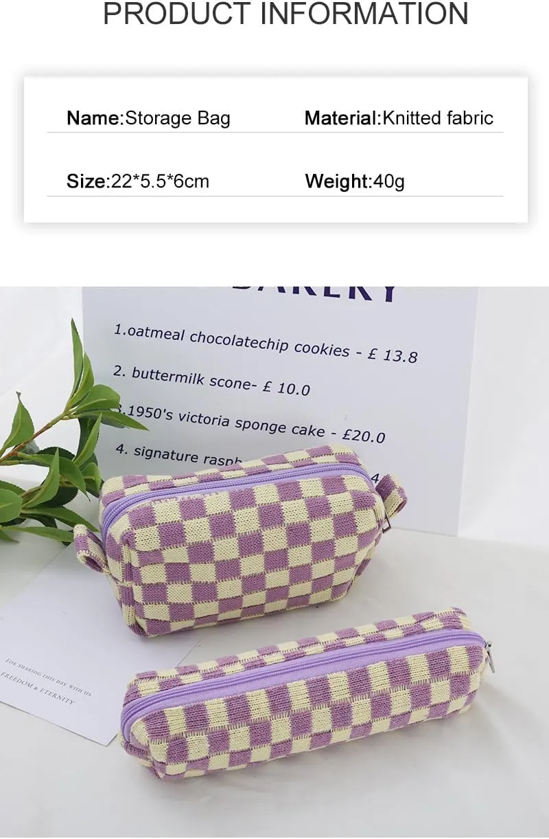 KOTORA 3 Pieces Makeup Bag Large Small Checkered Cosmetic Bag Capacity Canvas Travel Toiletry Bag Organizer Cute Makeup Brushes Aesthetic Accessories Storage Bag for Women (Purple)