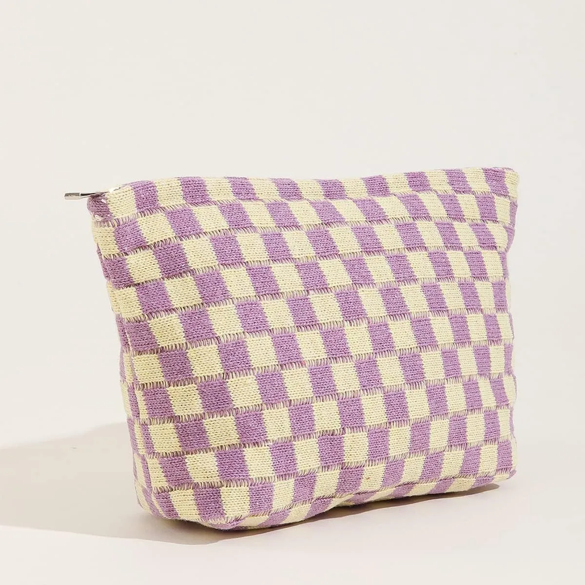 KOTORA 3 Pieces Makeup Bag Large Small Checkered Cosmetic Bag Capacity Canvas Travel Toiletry Bag Organizer Cute Makeup Brushes Aesthetic Accessories Storage Bag for Women (Purple)