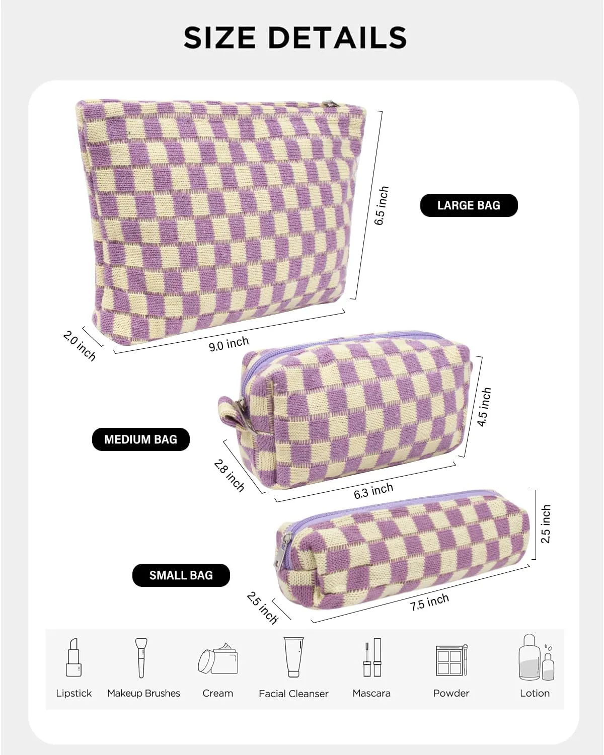 KOTORA 3 Pieces Makeup Bag Large Small Checkered Cosmetic Bag Capacity Canvas Travel Toiletry Bag Organizer Cute Makeup Brushes Aesthetic Accessories Storage Bag for Women (Purple)