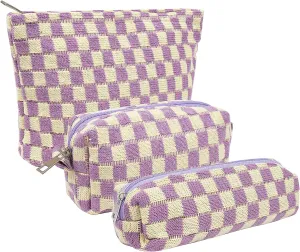 KOTORA 3 Pieces Makeup Bag Large Small Checkered Cosmetic Bag Capacity Canvas Travel Toiletry Bag Organizer Cute Makeup Brushes Aesthetic Accessories Storage Bag for Women (Purple)