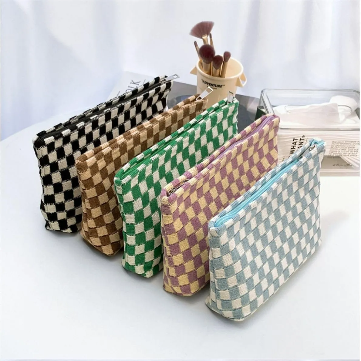 KOTORA 3 Pieces Makeup Bag Large Small Checkered Cosmetic Bag Capacity Canvas Travel Toiletry Bag Organizer Cute Makeup Brushes Aesthetic Accessories Storage Bag for Women (Purple)
