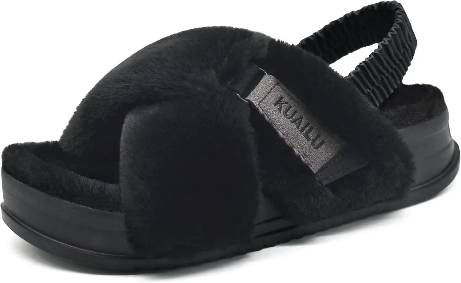 KuaiLu Womens Fuzzy Criss Cross Band Platform Slippers Arch Support Furry Faux Fur Ladies Open Toe Cozy Soft Plush Fleece Comfy House Shoes Sandals
