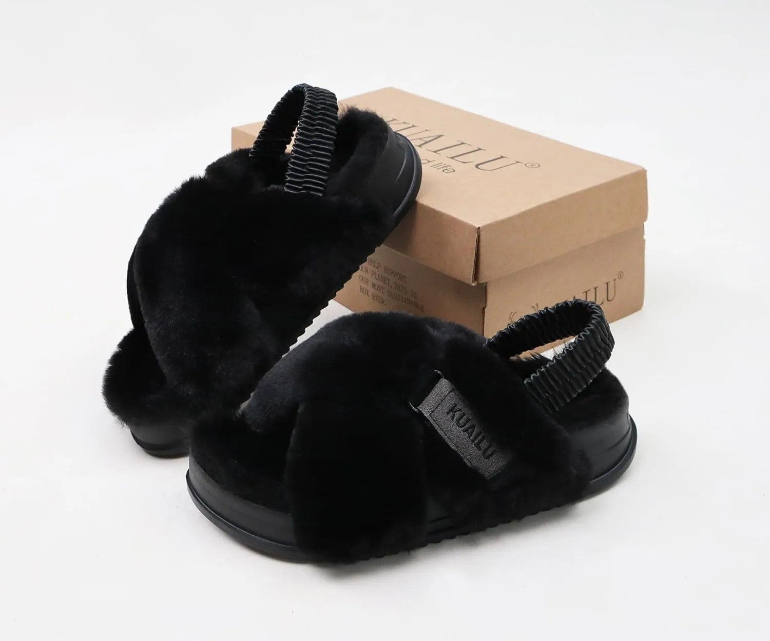 KuaiLu Womens Fuzzy Criss Cross Band Platform Slippers Arch Support Furry Faux Fur Ladies Open Toe Cozy Soft Plush Fleece Comfy House Shoes Sandals