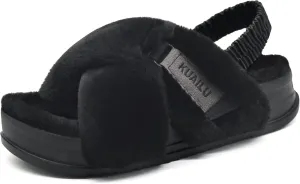 KuaiLu Womens Fuzzy Criss Cross Band Platform Slippers Arch Support Furry Faux Fur Ladies Open Toe Cozy Soft Plush Fleece Comfy House Shoes Sandals