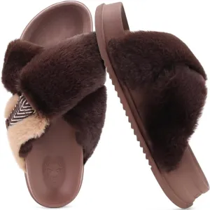 KuaiLu Women's Fuzzy Cross Band Platform Slippers Comfortable Faux Fur Open Toe Arch Support Slides Slippers for Indoor Outdoor