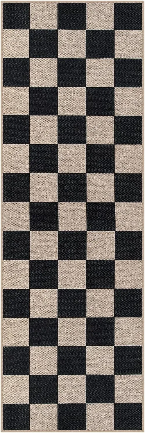 Lahome Checkered Easy Jute Runner Rug, 2x6 Kitchen Runner Rug Non Slip Washable Outdoor Carpet for Entryway Indoor, Checkerboard Black Indoor Outdoor Carpet Runners for Hallway 6ft Entry