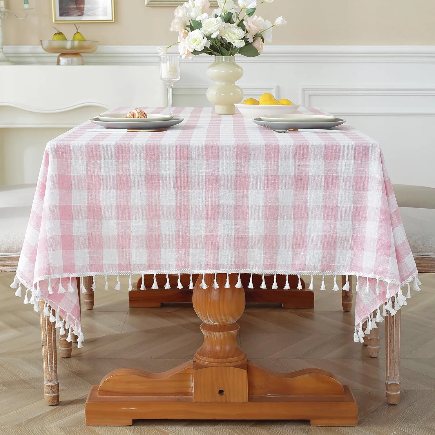 Laolitou Pink Checkered Tablecloth Rectangle Washable Buffalo Plaid Table Cloth with Tassel Cotton Linen Gingham Table Cover for Dining Room, Pink, Rectangle, 55''x120'', 10-12 Seats