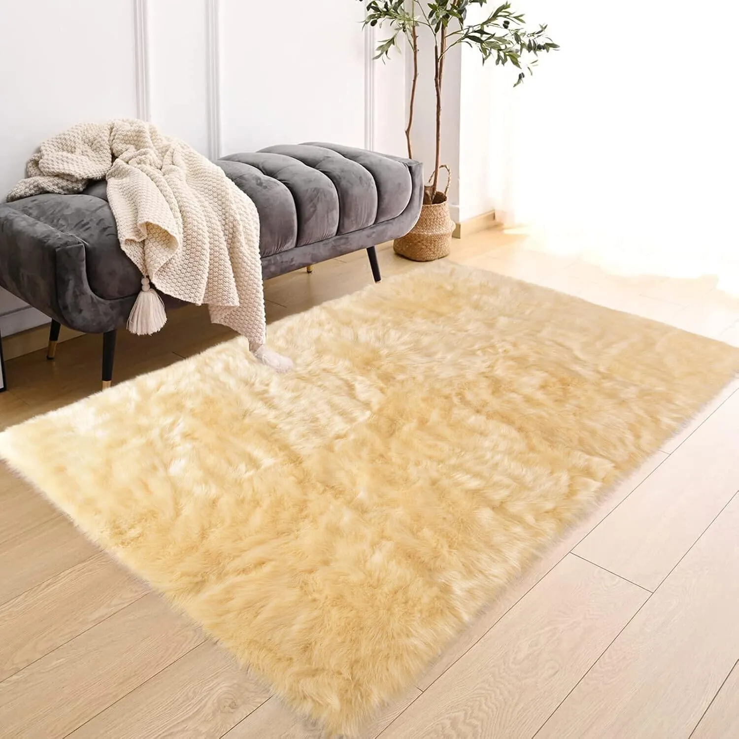 Latepis Yellow Fur Rug - 3x4 Faux Sheepskin Shag Fluffy Rug for Bedroom, Rectangle