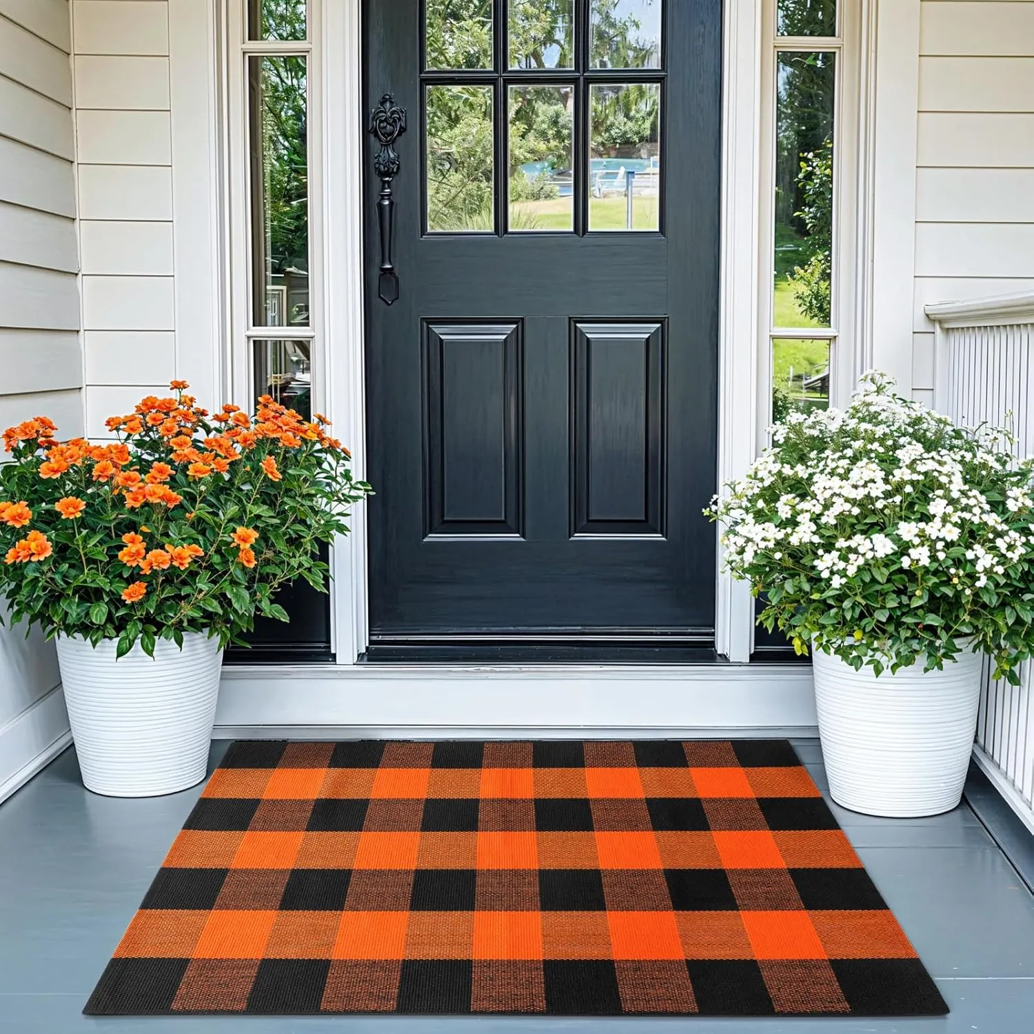 LBRO2M Outdoor Rug 27.5" X 43" Polypropylene Hand-Woven Plaid Porch Rug Machine Washable Entry Rug for Home Entrance (Orange Black)