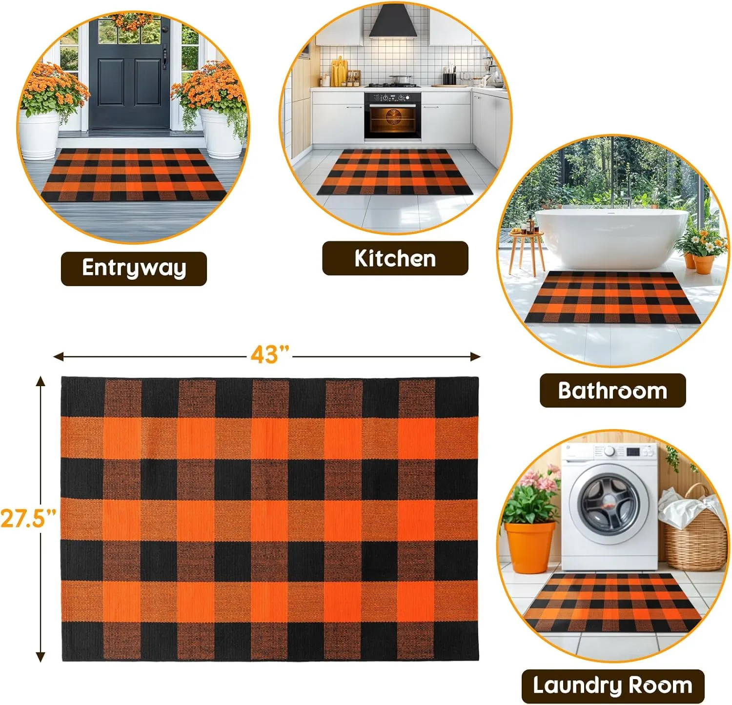 LBRO2M Outdoor Rug 27.5" X 43" Polypropylene Hand-Woven Plaid Porch Rug Machine Washable Entry Rug for Home Entrance (Orange Black)